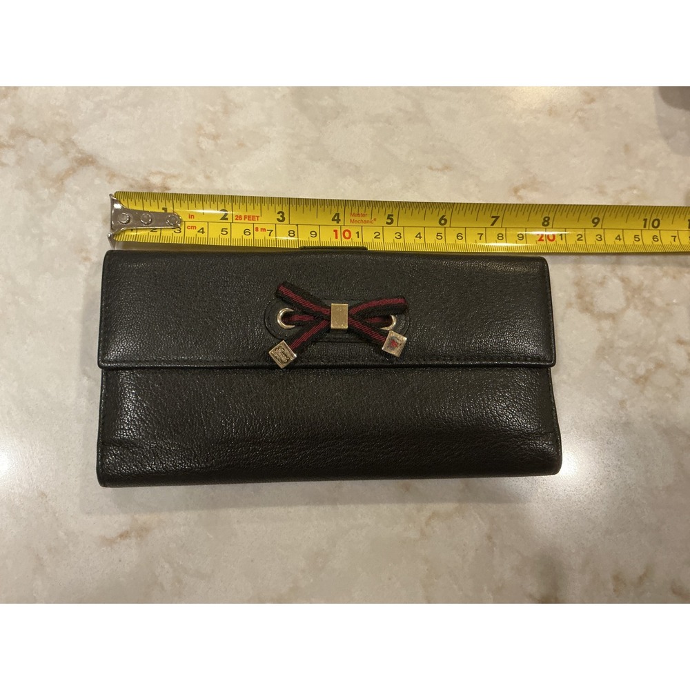 Gucci Black Pebbled Leather Continental Wallet with‎ Red & Blk Ribbon Bow Detail